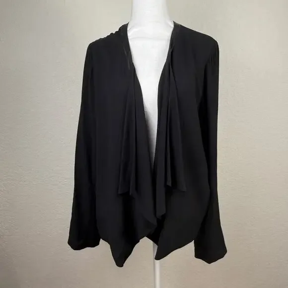 Eileen Fisher 100% Silk Crepe Leather Trim Jacket Black Button Sleeve Women’s XL - Picture 1 of 14